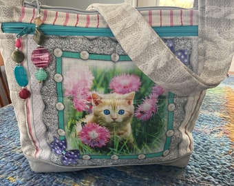 Kittens and Knitted Look Crossbody or Shoulder Adjustable Strap Fabric Purse 100%  handmade