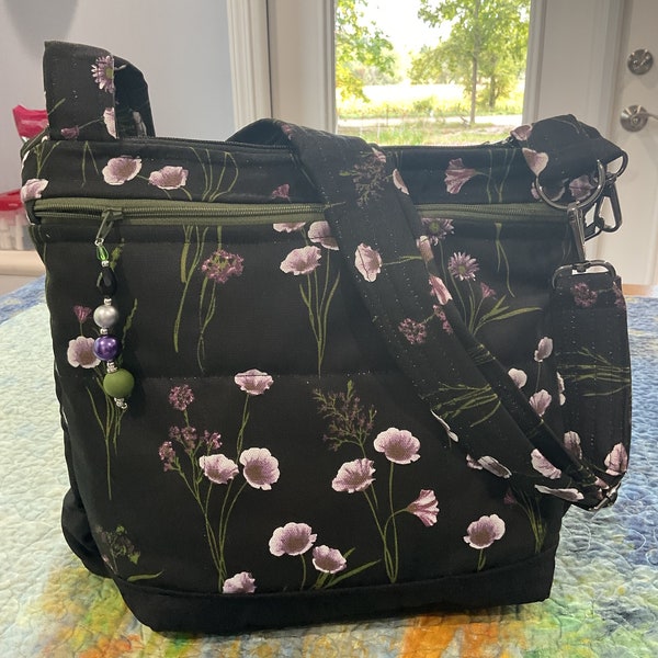 Stunning Flowers on Black Crossbody or Shoulder Adjustable Strap Fabric Purse With Secured Zipper 100% handmade