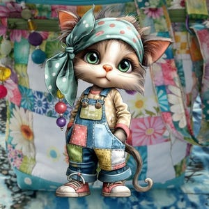Eine Tasche und Schlüsselanhänger Dumme Patchwork Katze und Sunny Blumen Crossbody oder Schulter Verstellbaren Riemen Stoff Geldbörse mit Gesicherter Reißverschluss handgefertigt
