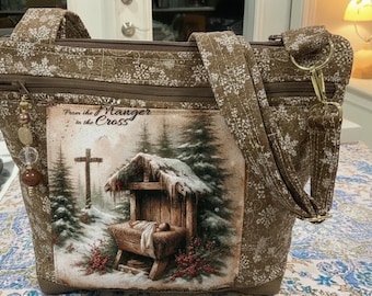 Great Pocket and Key Fob Nativity Scene on Neutral Brown  Snowflakes  Crossbody or Shoulder Adjustable Strap Fabric Purse 100% handmade