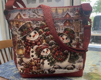 Pick Your Snowman  Double Picture Red Plaid 7 Zipper Crossbody or Shoulder Adjustable Strap Fabric Purse With Secured Zipper 100% handmade
