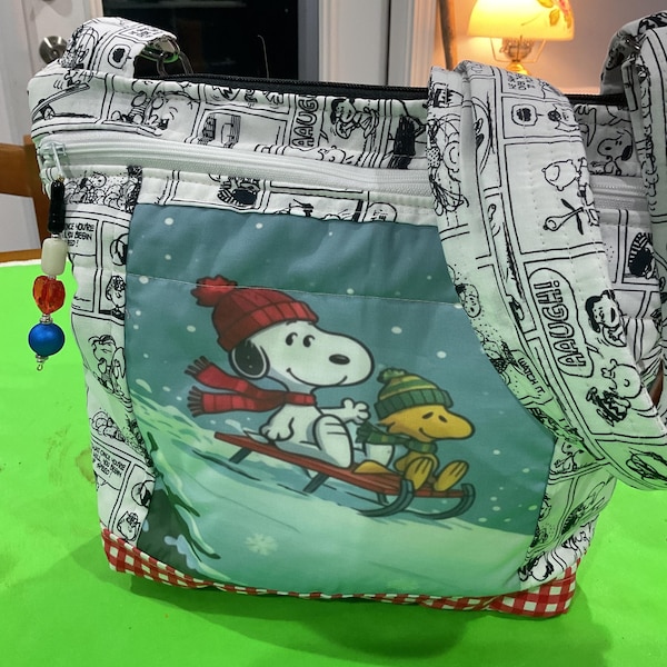 NEW STYLE Pocket and Key Fob Winter Snoopy and Woodstock Crossbody or Shoulder Adjustable Strap Fabric Purse 100% handmade