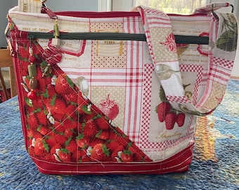 Strawberries Crossbody or Shoulder Adjustable Strap Fabric Purse 100%  handmade