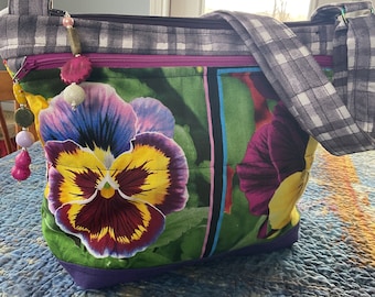 Wonderful Vibrant Pansies Crossbody or Shoulder Adjustable Strap Fabric Purse 100% handmade