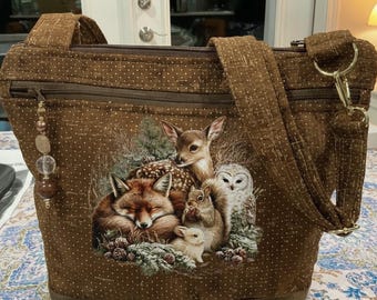 Pocket and Key Fob  Choose Your Winter Animal Scene  Crossbody or Shoulder Adjustable Strap Fabric Purse 100% handmade