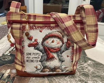 Pick  Your Silly Snowman With Cute Saying  Small Pocket and Key Fob  Crossbody or Shoulder Adjustable Strap Fabric Purse 100% handmade