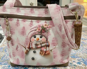 Pick Your  Pink Winter Snowman Pocket and Key Fob Small  Crossbody or Shoulder Adjustable Strap Fabric Purse 100% handmade