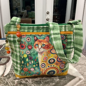 Maravilloso Gato Modernista Rodeado de Flores Abstractas Bolso de Tela con Correa para el Hombro o Cruzada 100% Hecho a Mano