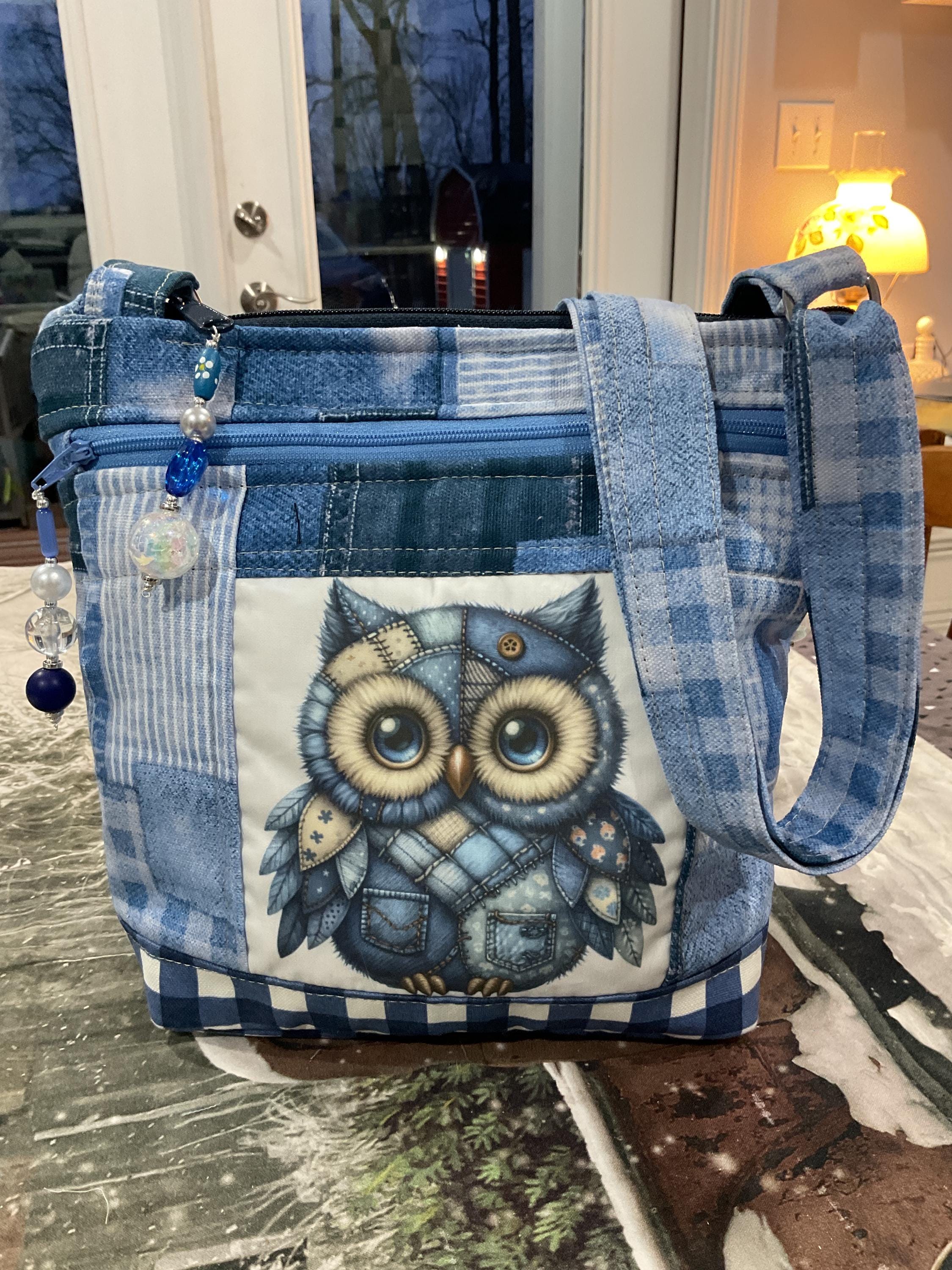 NEW Double Picture Patchwork Owl and Raccoon Small Crossbody or Shoulder Adjustable Strap Fabric Pur