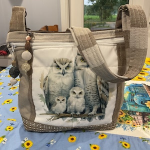 Magnifique sac à main en tissu à bandoulière ou bandoulière réglable Family of Owls hydrofuge 100 % fait main