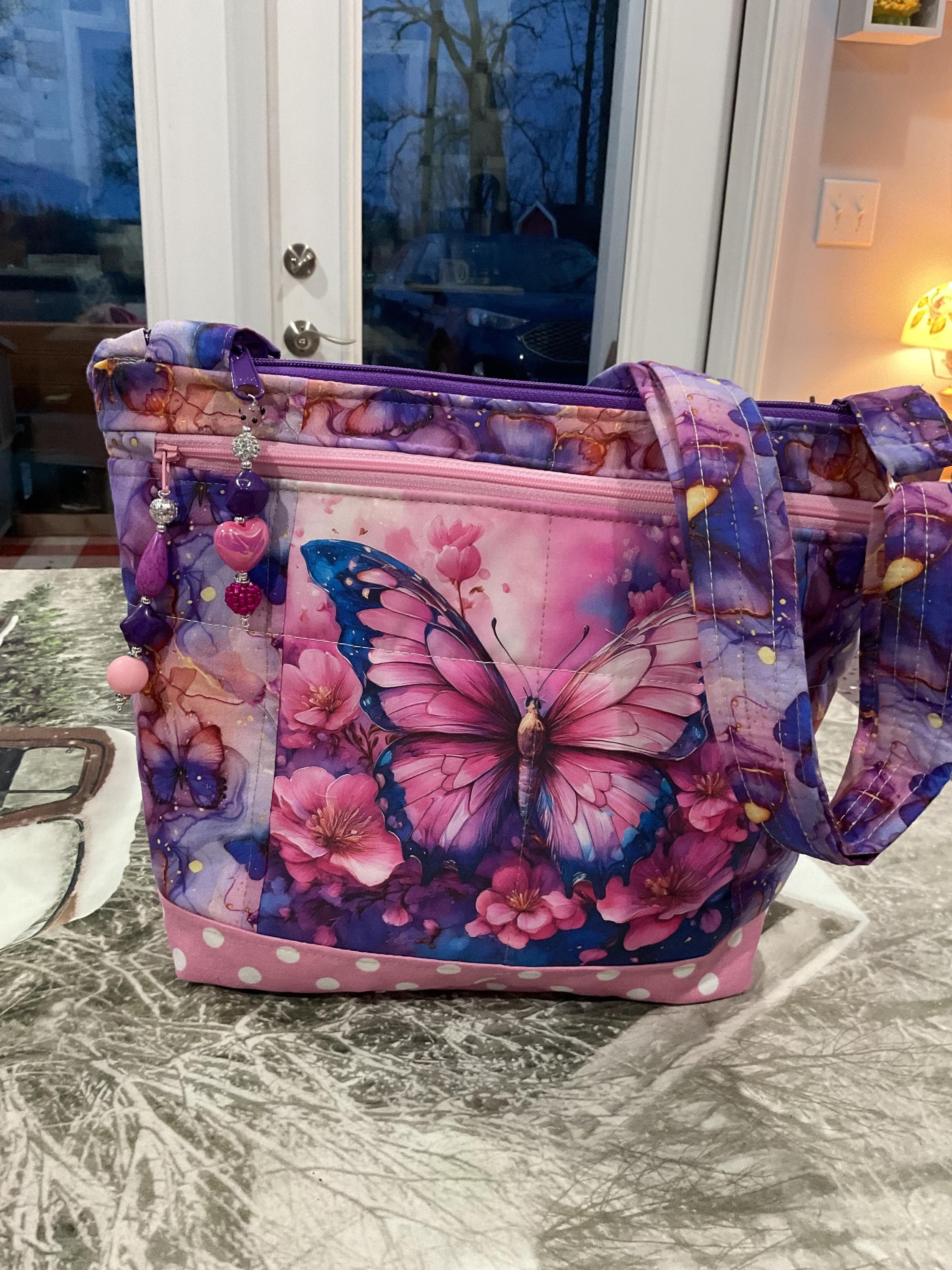NEW STYLE Pocket and Key Fob Gorgeous Butterfly and Flowers Crossbody or Shoulder Adjustable Strap Fabric Purse 100% handmade
