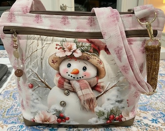 Choose Your  Pink Winter Snowman Pocket and Key Fob  Crossbody or Shoulder Adjustable Strap Fabric Purse 100% handmade
