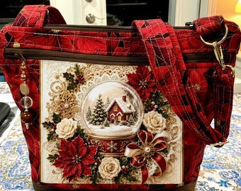 Choose Your Double Picture Stunning  Old Fashioned Winter  Scenes and Red Poinsettias  Adjustable Strap Fabric Purse 100% handmade