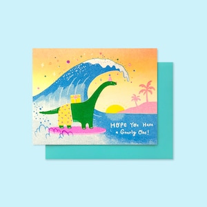 Hope You Have a Gnarly One - Birthday - Surfing Brontosaurus Dino  - Risograph Greeting Card