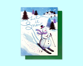 Let It Snow - Skiing Snowman - Christmas/Holiday - Risograph Greeting Card