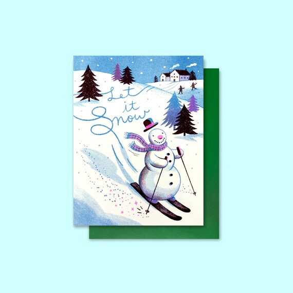 Let It Snow - Skiing Snowman - Christmas/holiday - Risograph