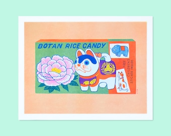 Japanese Botan Rice Candy - Risograph Art Print - 8.5 x 11