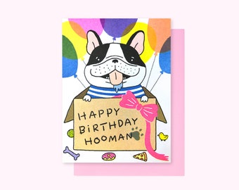 Happy Birthday Hooman - French Bulldog - Puppy Dog - Birthday Party - B-Day Celebration - Risograph Greeting Card