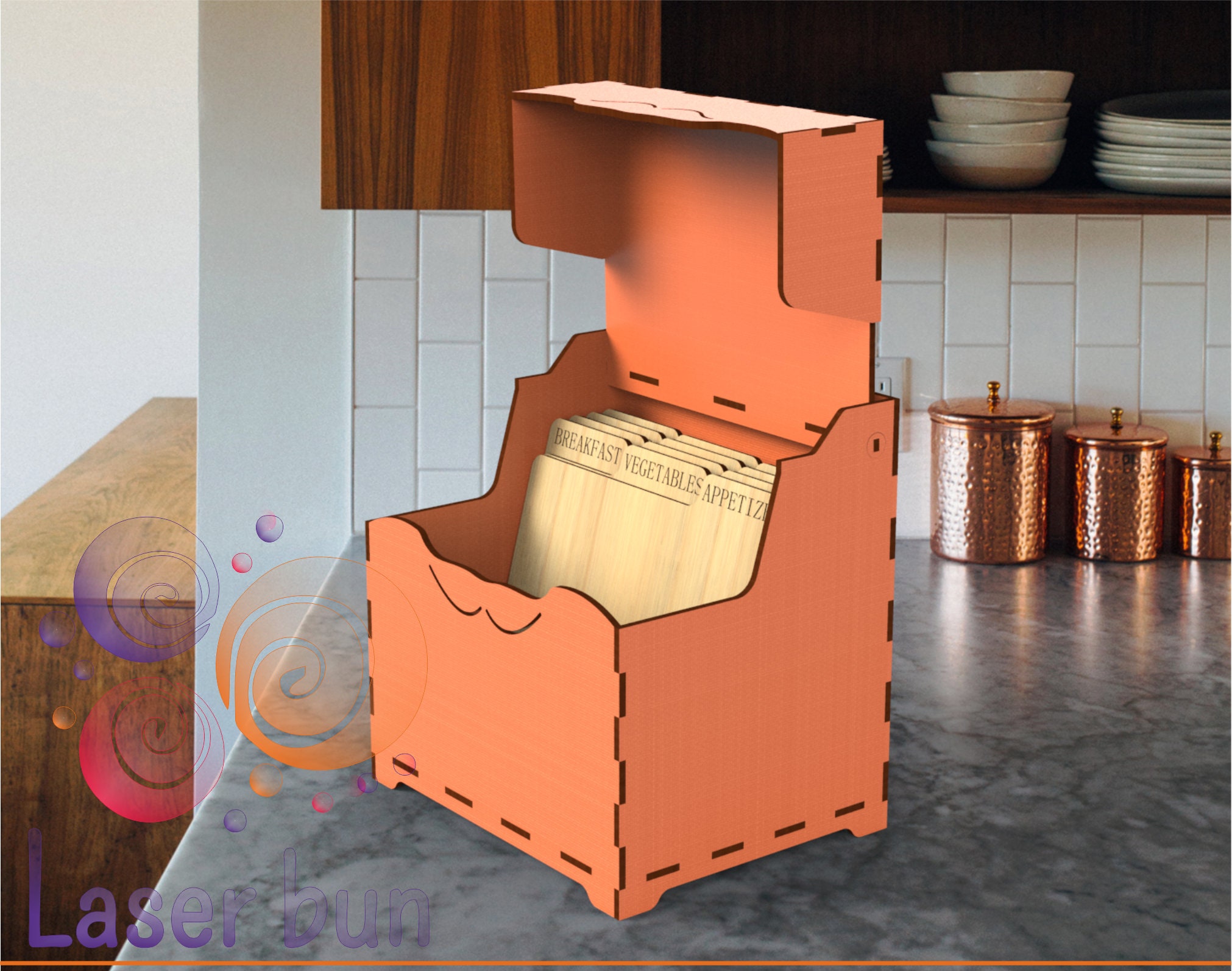 Wooden recipe lasercut file box organizer 4x6 cards dividers. Etsy