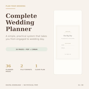 Könnte beinhalten: Eine digitale Hochzeitsplaner-Vorlage mit dem Text 'Complete Wedding Planner' und 'Our Big Day'. Das Dokument umfasst 36 Seiten in den Formaten PDF und Canva, die zur Unterstützung bei der Hochzeitsorganisation und -planung dienen.