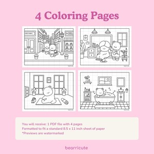 May include: Four black and white coloring pages featuring a bear character in different settings. The first page shows the bear in a city street, the second page shows the bear at a salon, the third page shows the bear doing yoga, and the fourth page shows the bear taking a bath.