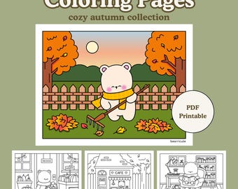 Cozy Autumn Coloring Pages - Kawaii Fall Coloring Sheets - Cute Thanksgiving Coloring Pages - Digital Download - Adult & Kids Coloring Pages