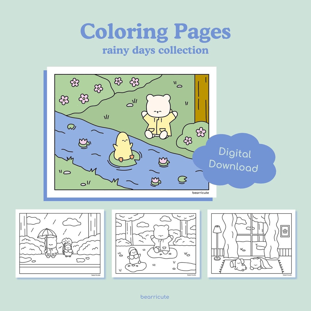 Cozy Rainy Days Coloring Pages Set of 4 Cute Printable Coloring Sheets Digital Download Adult ...