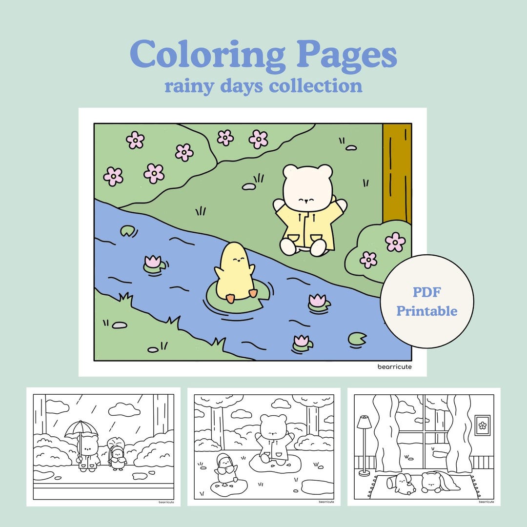 Cozy Rainy Days Coloring Pages - Set of 4 Cute Printable Coloring Sheets - Digital Download ...