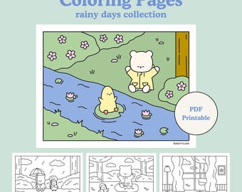 Cozy Rainy Days Coloring Pages - Cute Kawaii Bear Printable Coloring Sheets - Digital Download - Adult & Kids Coloring Pages - By bearricute