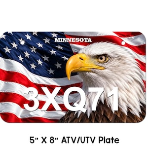 May include: A rectangular 5 inch by 8 inch ATV/UTV plate featuring a bald eagle head and an American flag background. The text MINNESOTA is printed in white at the top, and the alphanumeric code 3XQ71 is displayed in large white letters across the center.