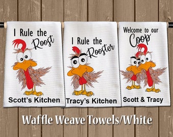 Personalized waffle weave hand towel, kitchen towel, personalized  towel, microfiber towel, custom towel, white hand towel, rooster, hen