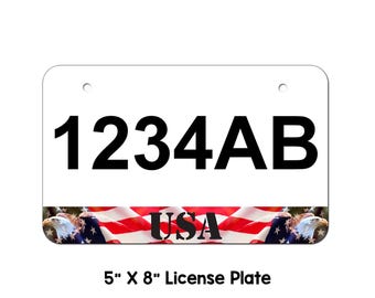 May include: White license plate with the number 1234AB and the word "USA" printed in red, white, and blue on a background of an American flag with bald eagles on either side. The plate is 5 inches by 8 inches.