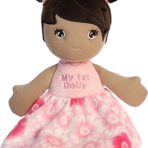 May include: A plush doll with brown hair, brown eyes, and a pink dress with white flowers. The dress has the text "My 1st Dolly" embroidered on the front.