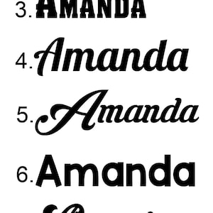 May include: Eight variations of the name "Amanda" written in different fonts and styles. The name is numbered 1 through 8.
