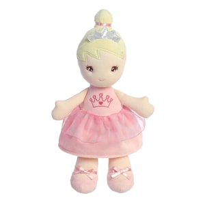 May include: A plush doll dressed as a ballerina with a pink tutu and a crown on her head. She has blonde hair and brown eyes.