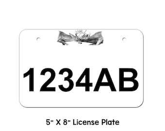May include: White metal license plate with a black and white image of two deer with antlers. The license plate number is 1234AB. The plate is 5 inches by 8 inches.