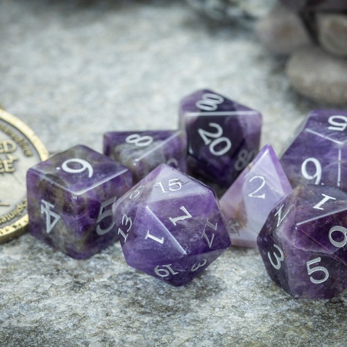 ENGRAVED Amethyst Gemstone Polyhedral Dice Set Hand Carved Etsy