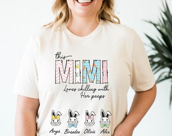 Custom Easter Mimi Shirt, Personalized Nana Shirt Kids Names, Easter Day Gift for Grandma, My Peeps Cute Bunny Pastel Gift for Grandmother