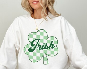 St Patricks Ierse Sweatshirt, Trendy Patrick's Day Checkered Clover Sweater Patty's Cadeau voor haar Lucky Groovy Retro Shamrock Boujee Pullover