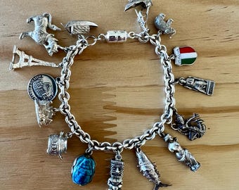 Vintage Sterling Silver Charm Bracelet with 15 Charms