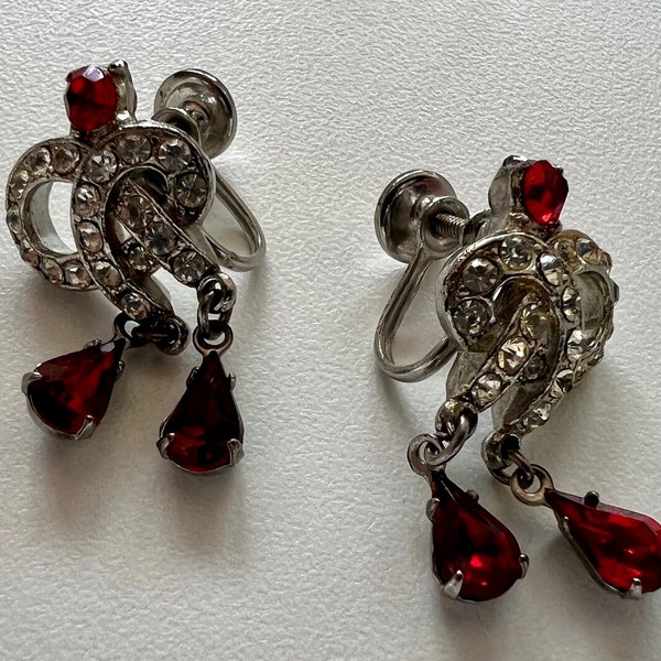White Rhinestone and Red Crystal Costume Screw-Back Earrings