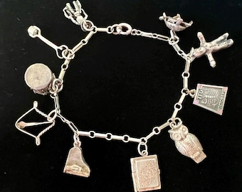 Vintage Silver Charm Bracelet with 10 Charms