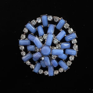 French Blue Glass Bead and Rhinestone Costume Jewelry Brooch
