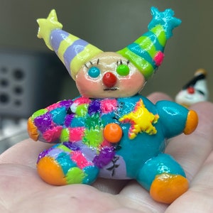 OOAK Patchwork Clown buddy, Patchy the Clown, Polymer clown with party hats, party hat clown
