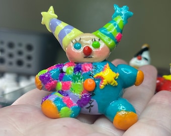 OOAK Patchwork Clown buddy, Patchy the Clown, Polymer clown with party hats, party hat clown