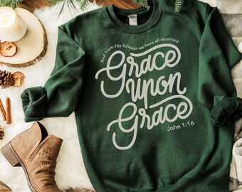 Grace upon Grace Unisex Heavy Crewneck Sweatshirt | Bible verse | Catholic sweatshirt | Catholic gift | Forest Green and Navy