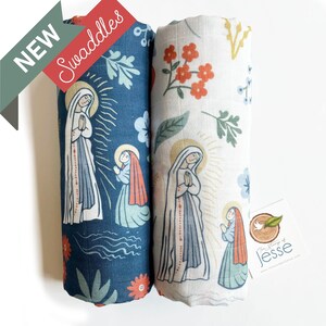 Our Lady of Lourdes and St. Bernadette Muslin Deluxe Swaddle | Catholic gift | Baptism | Virgin Mary blanket | Catholic Swaddle