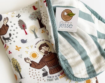 St. Francis of Assisi Luxury Double sided Muslin  8 Layer Quilt | Catholic gift | Catholic blanket | Baby Blanket | Baptism