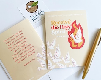 May include: Two cards with religious text and imagery. The first card is beige with red text and says "The Spirit of the Lord shall rest upon him: A spirit of wisdom and of understanding. A spirit of counsel and of strength. A spirit of knowledge and of fear of the Lord. And his delight shall be the fear of the Lord. Isaiah 11: 2-3". The second card is beige with red and yellow accents and says "Blessings on your Confirmation Receive the Holy Spirit John 20:22".