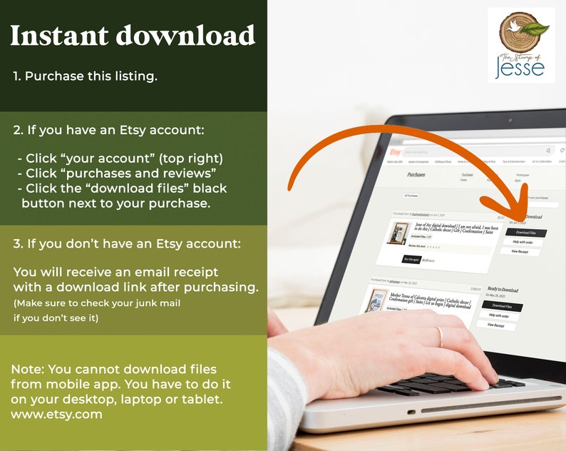 May include: A laptop computer screen shows a website with instructions on how to download digital files from Etsy. The text on the screen reads "Download Files" and "Ready to Download".